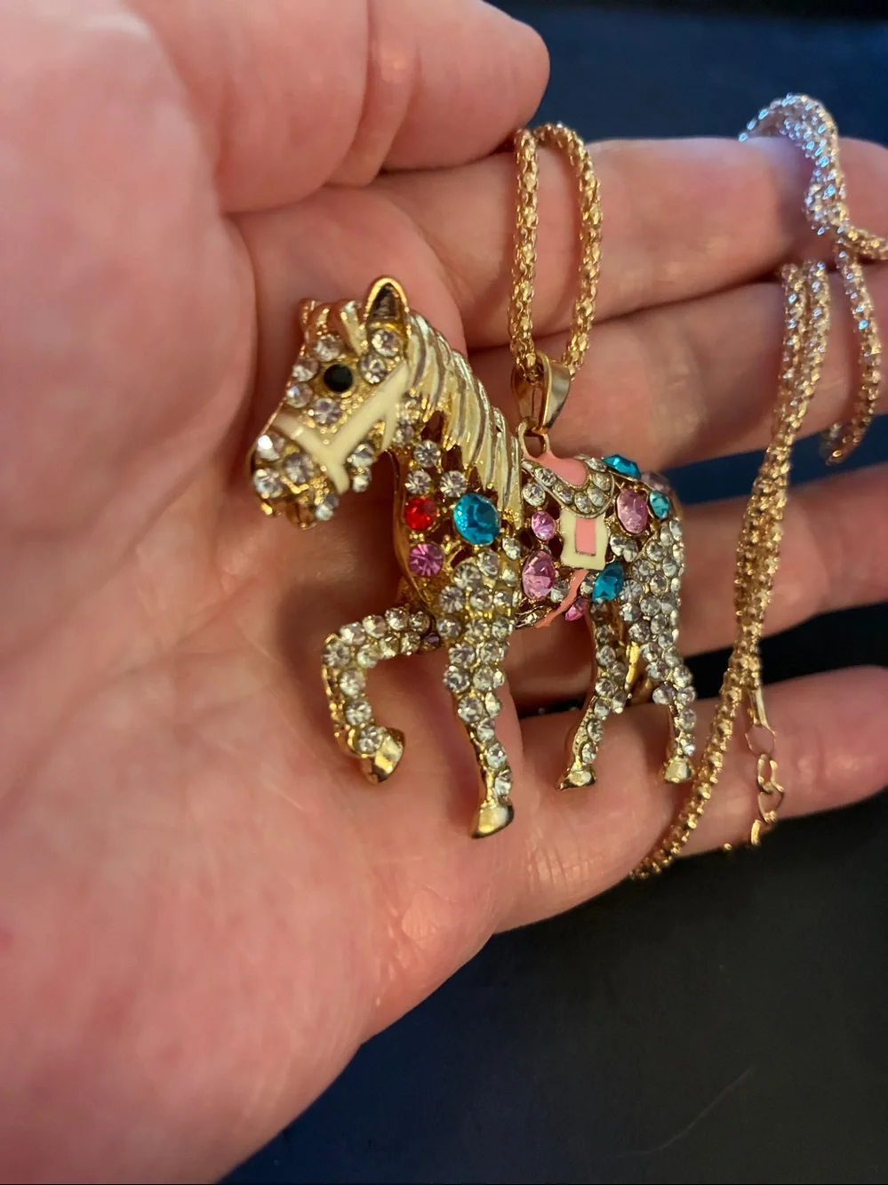 Gold-Tone Multicolor Crystal Horse Pendant Necklace with moveable tail.